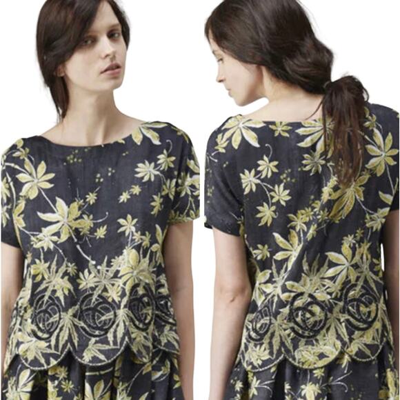 Suno Tops - Suno Golden Leaves Silk Top Scalloped Hem Metallic Embroidery 12